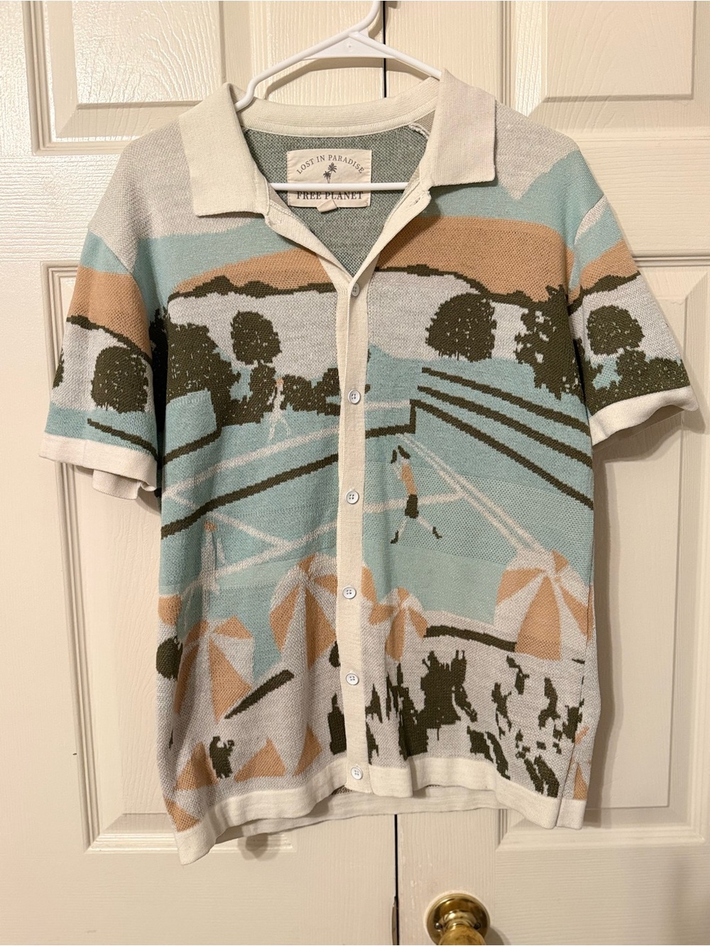 Free Planet Knit Polo in Seafoam Green, Tan & Cream